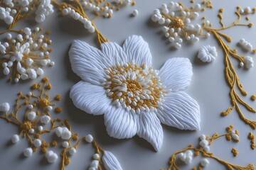 delicate embroidered flowers on white silk, generated by ai
