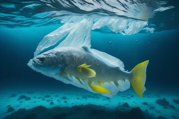 Fototapeta na wymiar the fish got stuck in a plastic bag. generated by AI