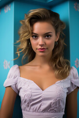 Fototapeta premium Beautiful young woman posing for photo in blue bathroom. Teenager taking face portrait in modern bathroom. Young woman with an air of youthful grace in self-expression of perfection.