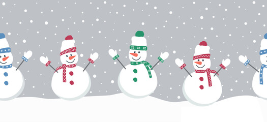 snowmen have fun in winter holidays. Seamless border. Christmas background. Four different snowmen in multicolored winter clothes under snow. Vector illustration