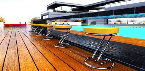 Several bar chairs in a row on the decked floor near the pool of the contemporary mansion. Big comfortable sofa behind. 3d rendering.