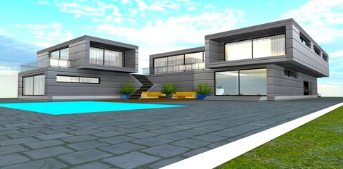 Suburban real estate as reliable investment for people who have enough money. 3d rendering.