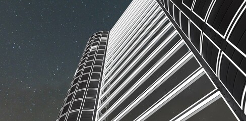 View from below to the high apartment building against the night starry sky.Good banner for real estate sale. 3d rendering. © Oleksandr