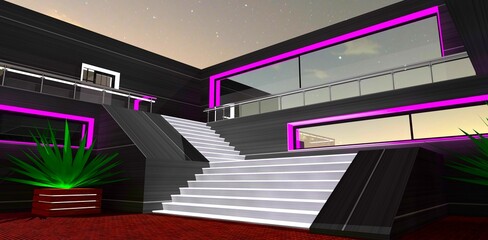 White glowing steps of the staircase in the courtyard of the modern villa with black metal facade at night. 3d rendering.