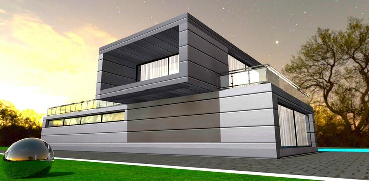Night view of the compact contemporary dwelling with console balcony structure. 3d rendering.