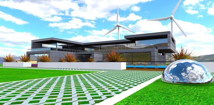 The territory of the eco-friendly villa with wind-turbines. Modern smart house with pool. Concrete grid walkways on the lawn. 3d rendering.