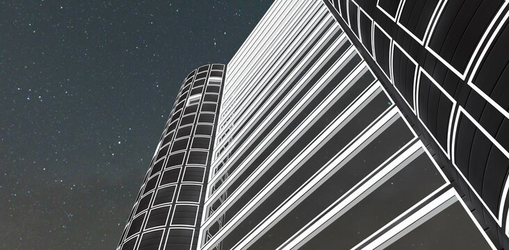 View from below to the high apartment building against the night starry sky.Good banner for real estate sale. 3d rendering.