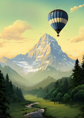 Fototapeta premium travel poster, vintage poster, wall poster, wallpaper, graphic, affiche de voyage, illustrateur, tourism, balloon, air, hot, sky, landscape, hot air balloon, mountain, fly, flying, travel, sport, natu