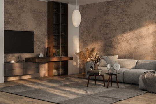 Luxury living room in warm colors. Brown beige walls, light gray lounge furniture sofa, table. Empty background for art or picture. 3d Rendering