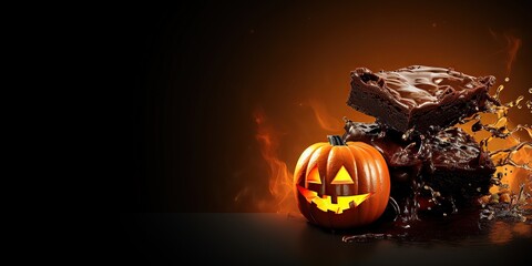 tasty brownie with halloween pumpkin, restaurant promo, delicious chocolate dessert on spooky night