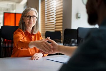 Smiling confident business people hand shaking after deal, working together in modern office....