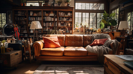 Comfortable living room with sofa, table, lamp and painting