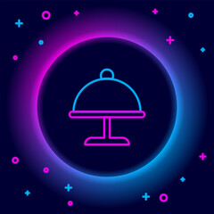 Glowing neon line Covered with a tray of food icon isolated on black background. Tray and lid. Restaurant cloche with lid. Kitchenware symbol. Colorful outline concept. Vector