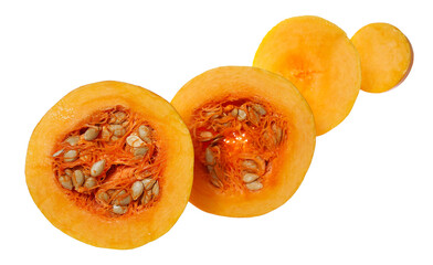 Raw muscat squash slices with seeds isolated on white, clipping path