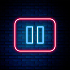 Glowing neon line Pause button icon isolated on brick wall background. Colorful outline concept. Vector