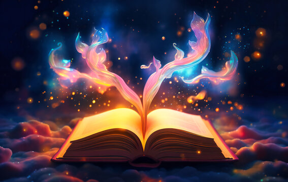 Between its pages, an open book holds a celestial display of clouds and stars, a gateway to a realm of wonder