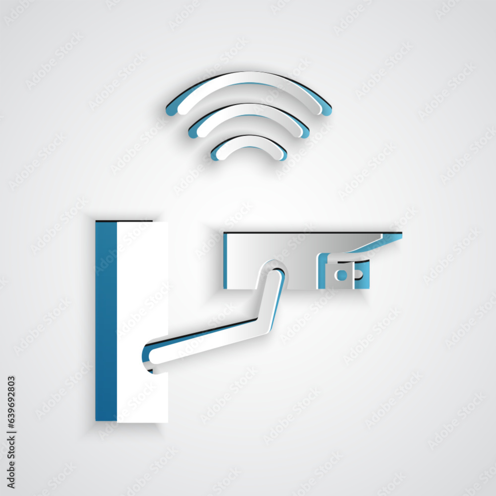 Poster paper cut smart security camera icon isolated on grey background. internet of things concept with wi