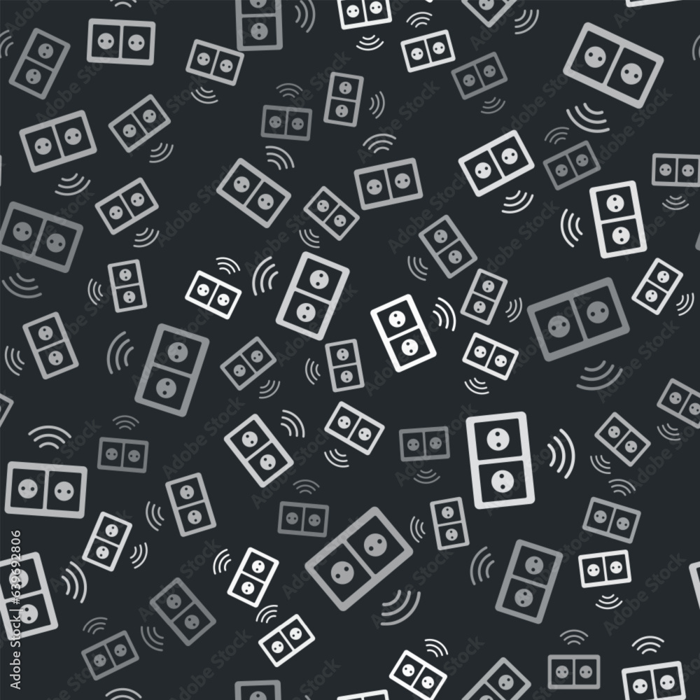 Poster grey smart electrical outlet system icon isolated seamless pattern on black background. power socket