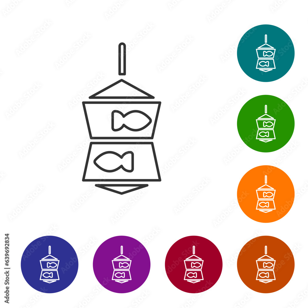 Poster black line fishing net with fish icon isolated on white background. set icons in color circle button