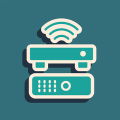 Green Wireless multimedia and TV box receiver and player with remote controller icon isolated on green background. Long shadow style. Vector © vector_v