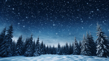 Fototapeta na wymiar Winter night scene featuring snow-covered coniferous trees under a dark blue sky filled with stars.