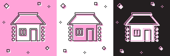Set Old Ukrainian house hut icon isolated on pink and white, black background. Traditional village house. Vector