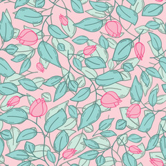 Bright pink and green ice cream colors seamless tulips pattern. Abstract happy summer and spring floral design. Feminine cute tulips blossom and leaves  line art.