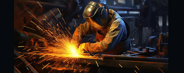 Metal welder working with arc welding machine to weld steel at factory. generative ai