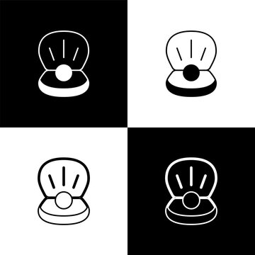 Set Natural open shell with pearl icon isolated on black and white background. Scallop sea shell. Seashell sign. Vector