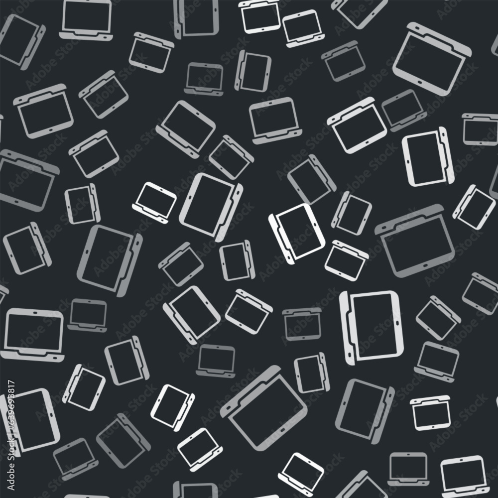 Poster grey laptop icon isolated seamless pattern on black background. computer notebook with empty screen 