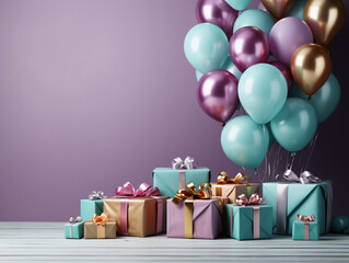 Gift boxes and Bunch of balloons on empty wall, Birthday card background