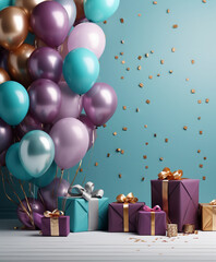 Birthday gift boxes and Bunch of balloons on blank wall background for text