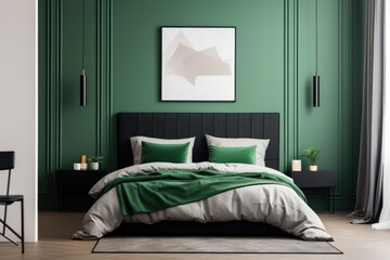 Bed with green bedding near white wall with black wainscoting and poster. Interior design of modern bedroom