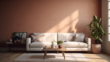 Fototapeta na wymiar Comfortable living room with sofa, table, lamp and painting
