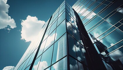 office building in the sky at a low angle with reflective skyscrapers. Generative in ai