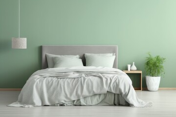 Bed with grey headboard and green blanket near mint color wall. Interior design of modern bedroom