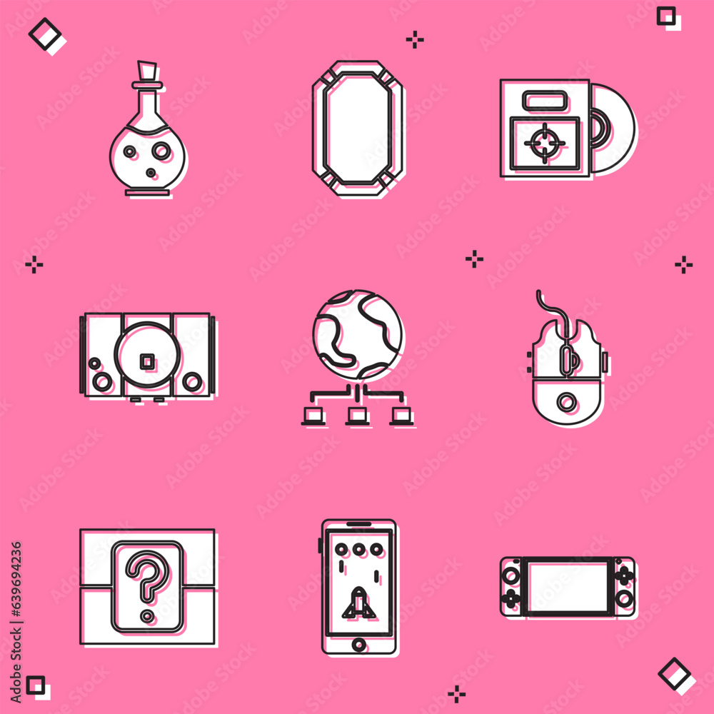 Poster set bottle with magic elixir, poker table, cd or dvd disk in box, video game console, computer netwo