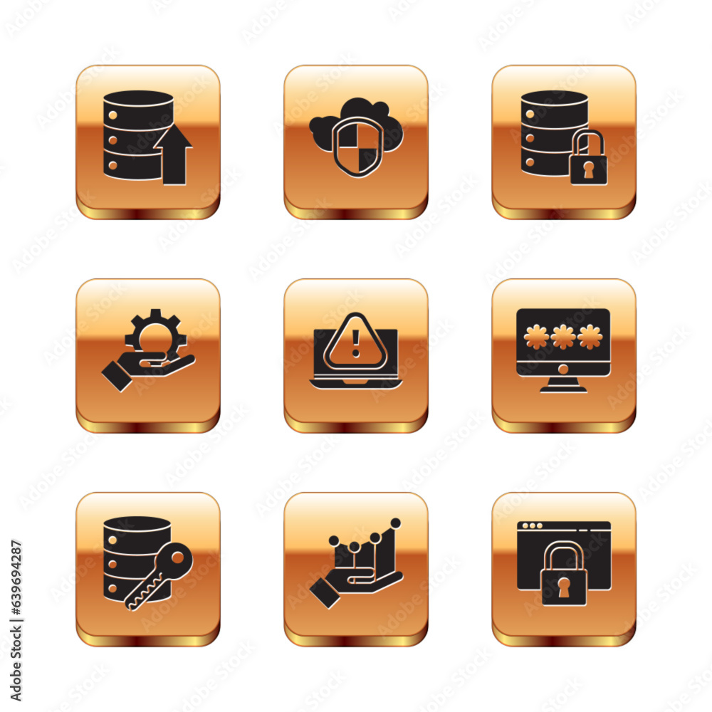 Poster set server, data, web hosting, security with key, pie chart infographic, laptop exclamation mark, ha