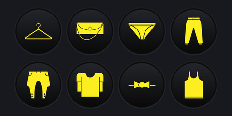 Set Pants, Sport pants, Long sleeve shirt, Bow tie, Men underpants, Clutch bag, Sleeveless T-shirt and Hanger wardrobe icon. Vector