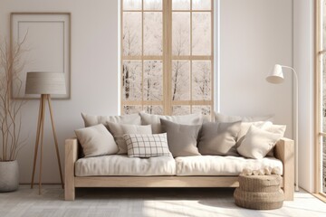 Beige sofa against grid window. Scandinavian interior design of modern living room