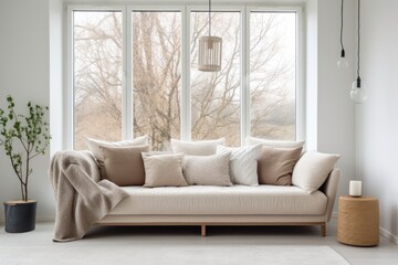 Fototapeta premium Beige sofa against grid window. Scandinavian interior design of modern living room