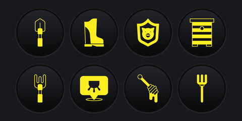 Set Garden rake, Hive for bees, Udder, Honey dipper stick, Shield with pig, Waterproof rubber boot, pitchfork and Shovel icon. Vector