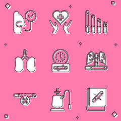 Set Healthy breathing, Heart with cross, Smoking cigarette, Lungs, No smoking time, Disease lungs, and Hookah icon. Vector
