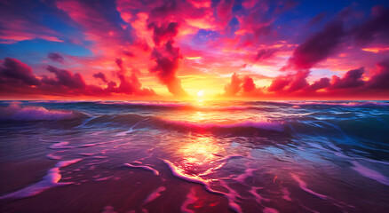 A red sunset casts its warm hues over the ocean's vastness, a captivating vista where sky and sea entwine in serene beauty - obrazy, fototapety, plakaty