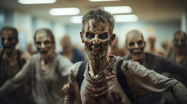Zombies in a closed classroom. Zombies dancing in a dance hall with dancing undead. Post-apocalyptic zombies indoors.