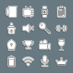 Set line Crown, Wine glass, Dumbbell, Smart watch heart beat rate, Speaker mute, Information desk, Coffee cup and Key icon. Vector