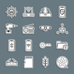 Set line Film reel, Download arrow with folder, Isometric cube, inbox, Radio, Drill machine, UV protection and Diploma rolled scroll icon. Vector