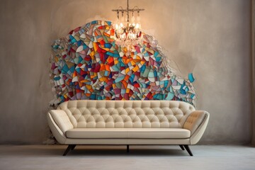 Beige tufted sofa against of concrete wall with colorful mosaic
