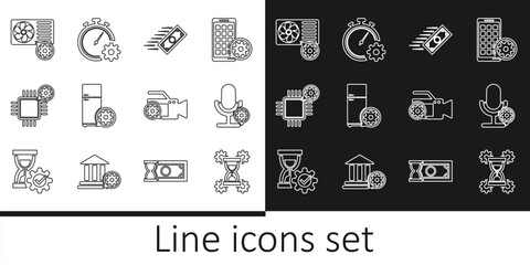 Set line Hourglass setting, Microphone, Fast payments, Refrigerator, Processor, Air conditioner, Video camera and Time management icon. Vector