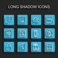 Set line Shopping bag, Bio fuel canister, Toilet paper roll, Battery, Oil barrel, with recycle and Eco nature leaf and battery icon. Vector